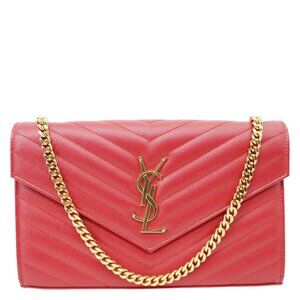 Yves Saint Laurent  Envelope Grain De Poudre Chevron Leather Wallet On Chain Red